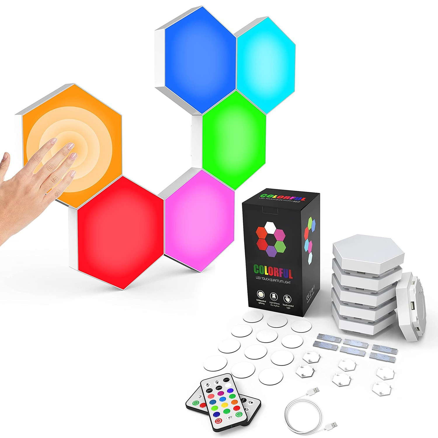 Pack de 6 lampes hexagonales LED tactiles 6 Led RGB - Contrôle par télécommande - Alimentation USB - Interconnectables