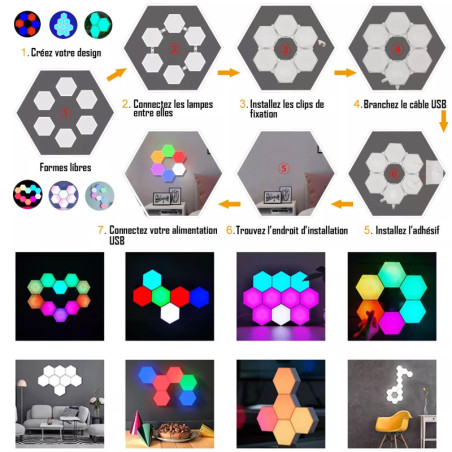 Pack de 6 lampes hexagonales LED tactiles 6 Led RGB - Contrôle par télécommande - Alimentation USB - Interconnectables