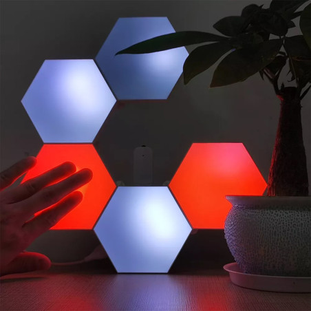Pack de 6 lampes hexagonales LED tactiles 6 Led RGB - Contrôle par télécommande - Alimentation USB - Interconnectables