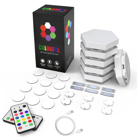 Pack de 6 lampes hexagonales LED tactiles 6 Led RGB - Contrôle par télécommande - Alimentation USB - Interconnectables