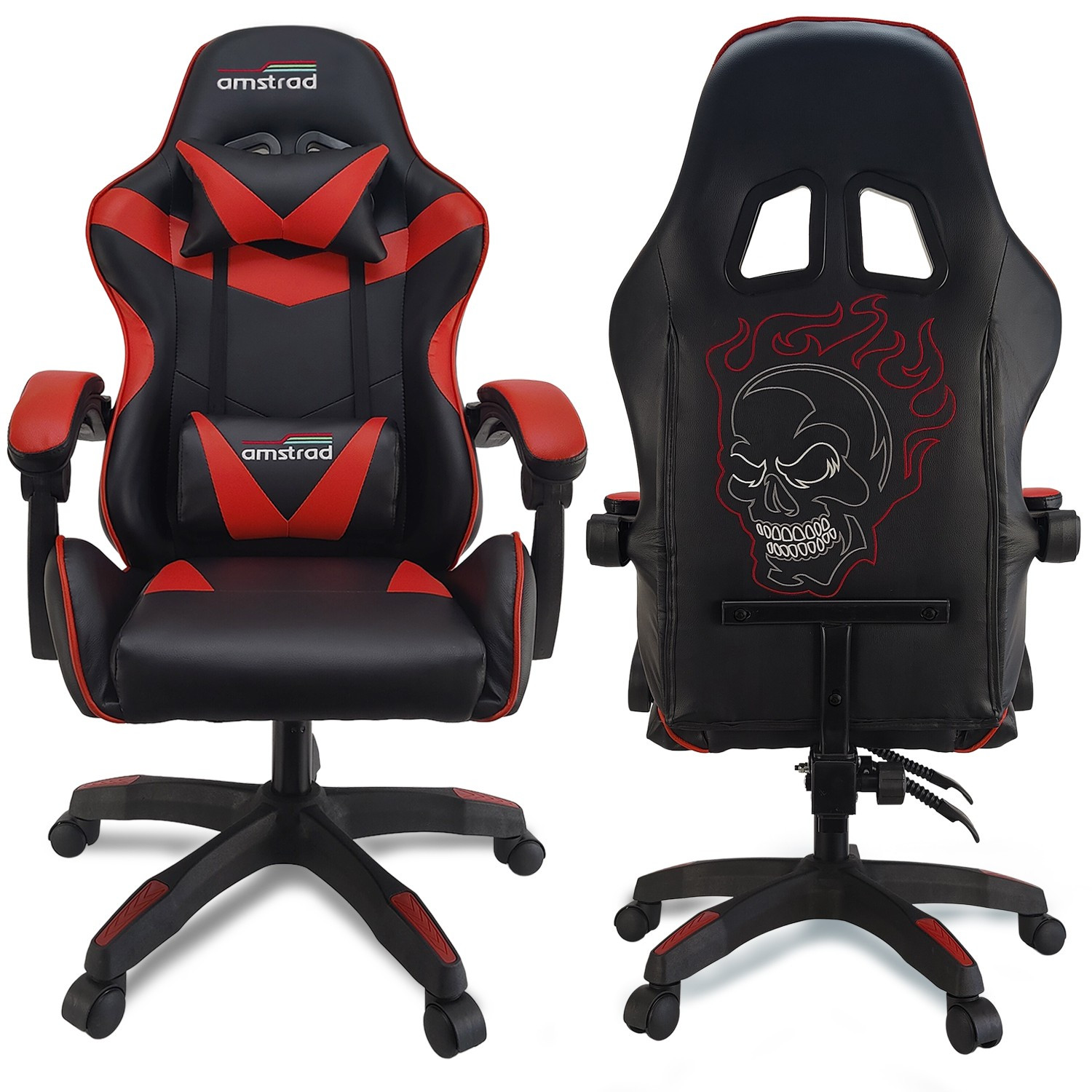 Fauteuil gaming Amstrad AMS-800-RED-SKRED - simili cuir noir et rouge - Sérigraphie au dos "Tête de mort"