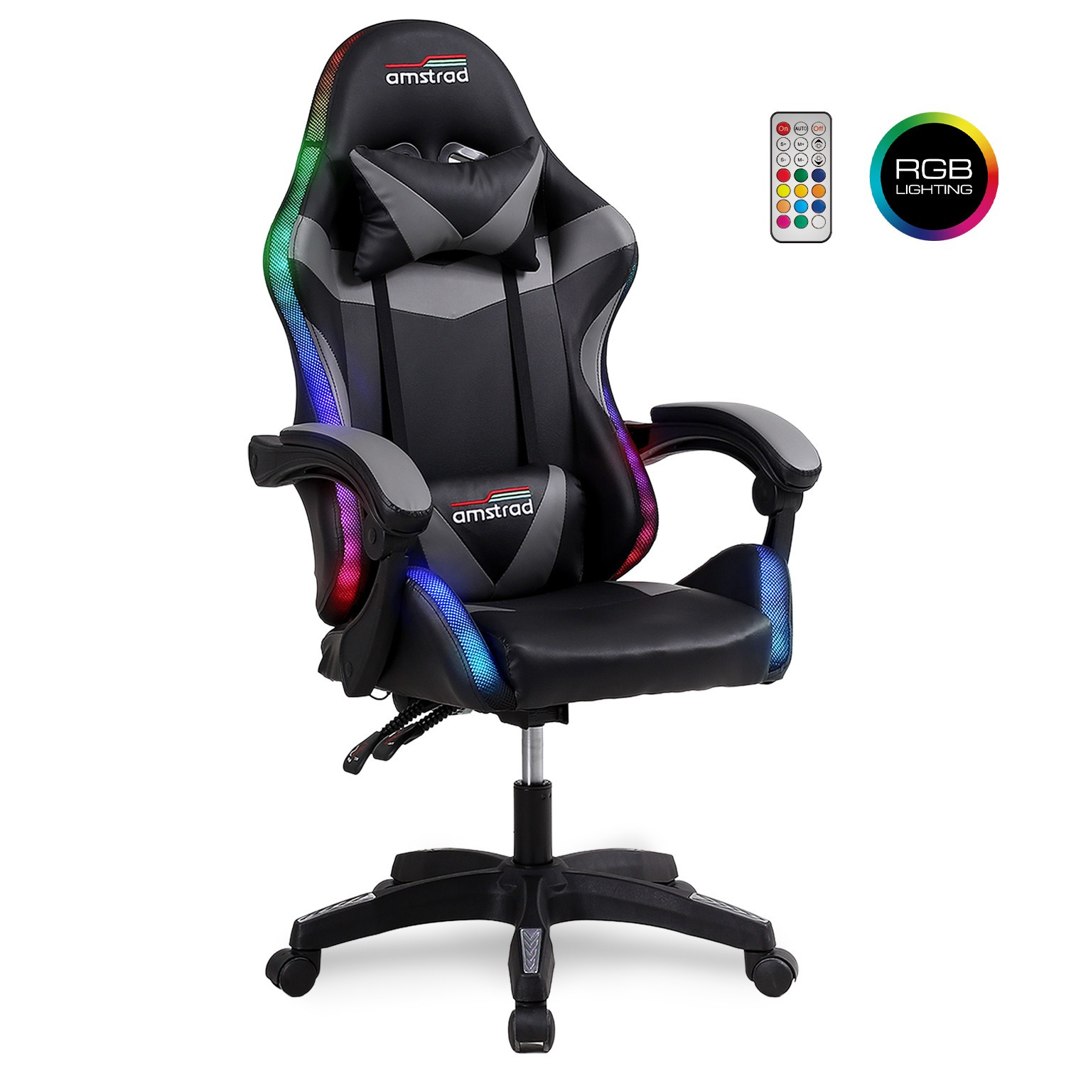 Fauteuil gaming Amstrad AMS-900-LED-BK - simili cuir noir et gris - Eclairage LED 366 effets - Télécommande