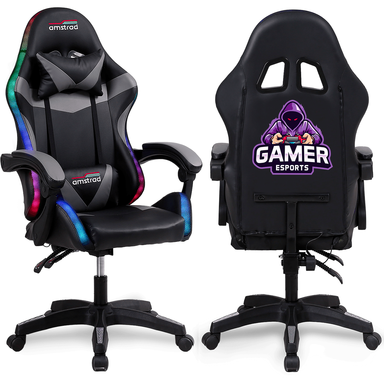 AMSTRAD AMS-900-LED-GAMER Chaise Gaming LED 366 Modes Noir Coussin Lombaire Dossier 150°