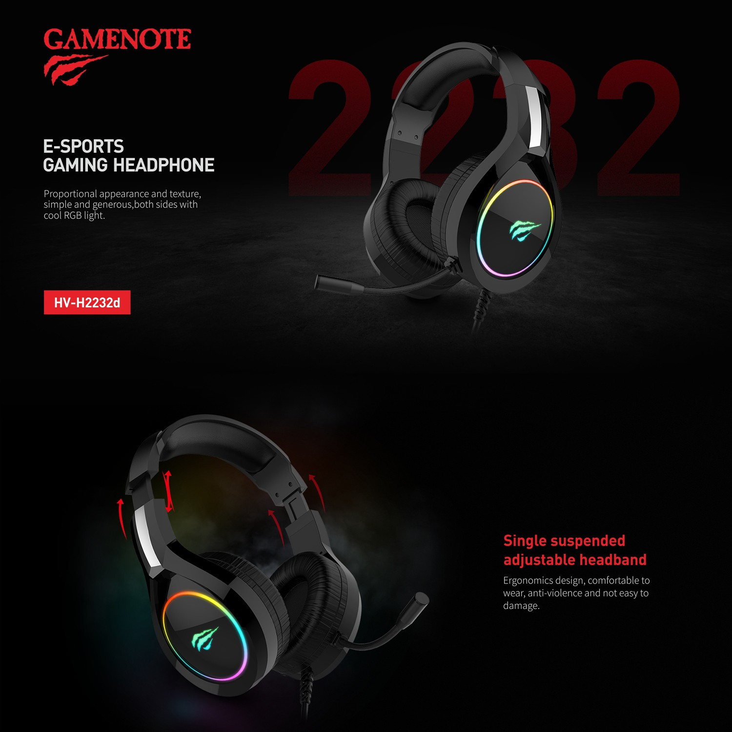 GAMENOTE HV-H2232D Casque gamer avec micro et retro éclairage RGB pour PC & consoles - Haut-parleur 50mm - Contrôle du volume — image 2