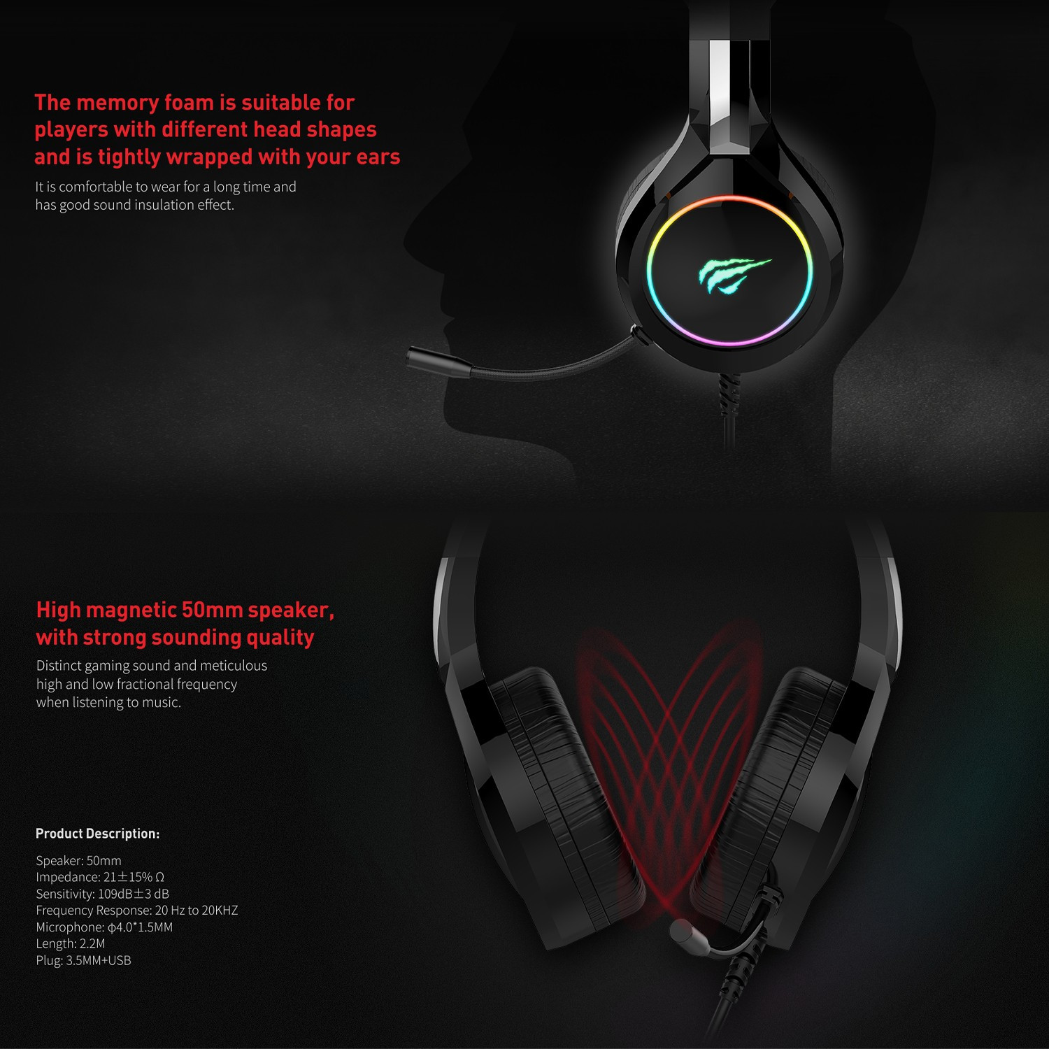 GAMENOTE HV-H2232D Casque gamer avec micro et retro éclairage RGB pour PC & consoles - Haut-parleur 50mm - Contrôle du volume — image 3