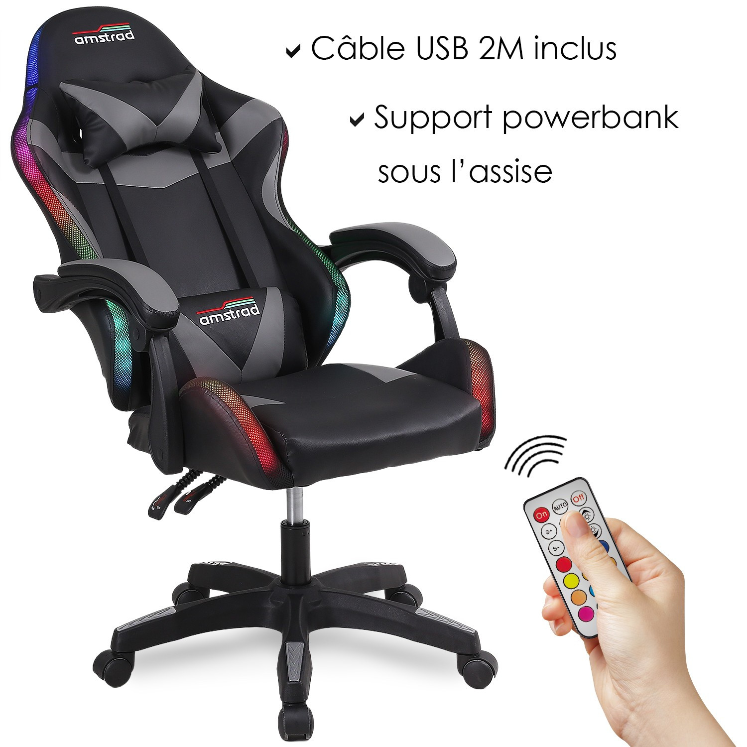 AMSTRAD AMS-900-LED-BK Chaise Gamer LED 366 Modes Coussin Lombaire Appui-tête Noir — image 3