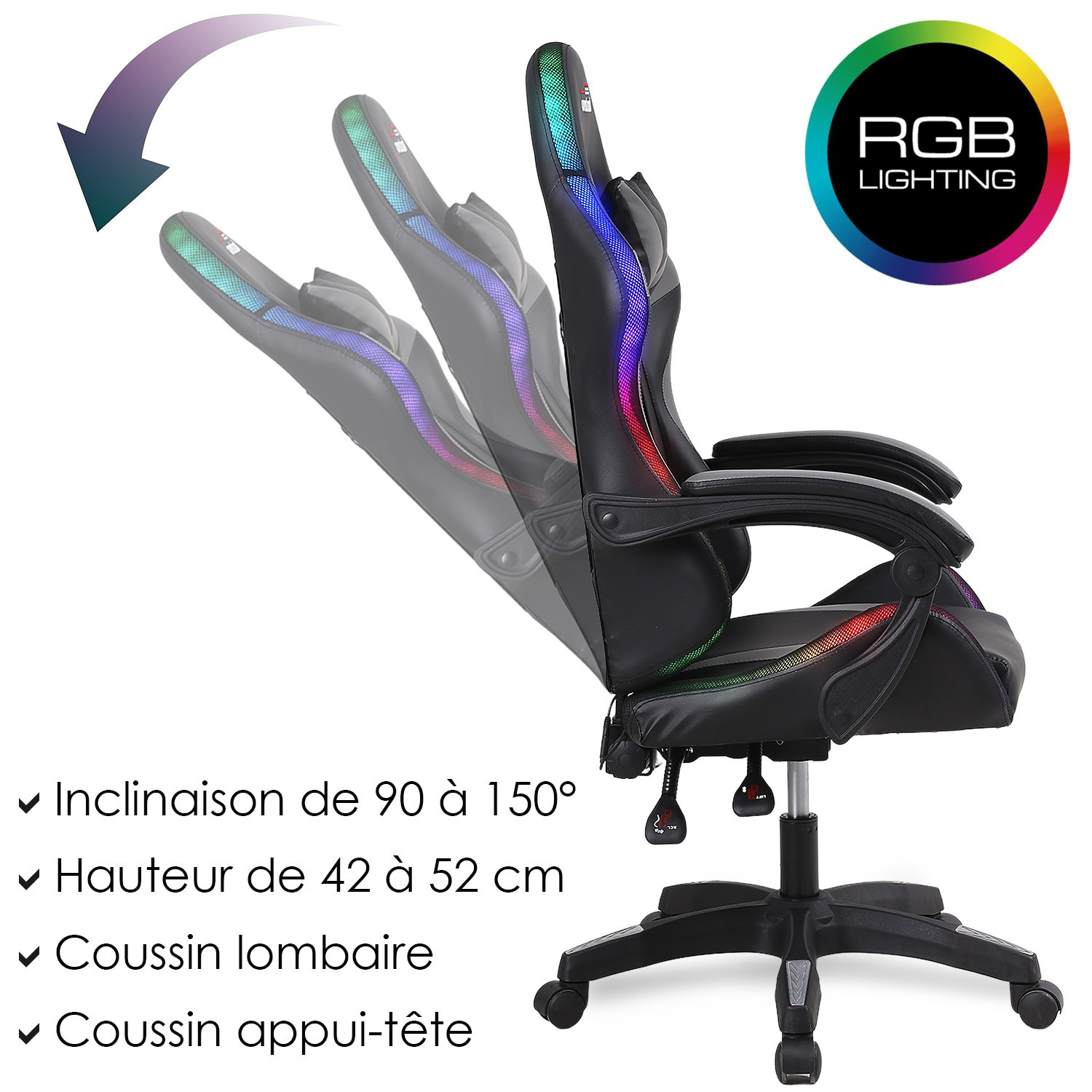 AMSTRAD AMS-900-LED-BK Chaise Gamer LED 366 Modes Coussin Lombaire Appui-tête Noir — image 4