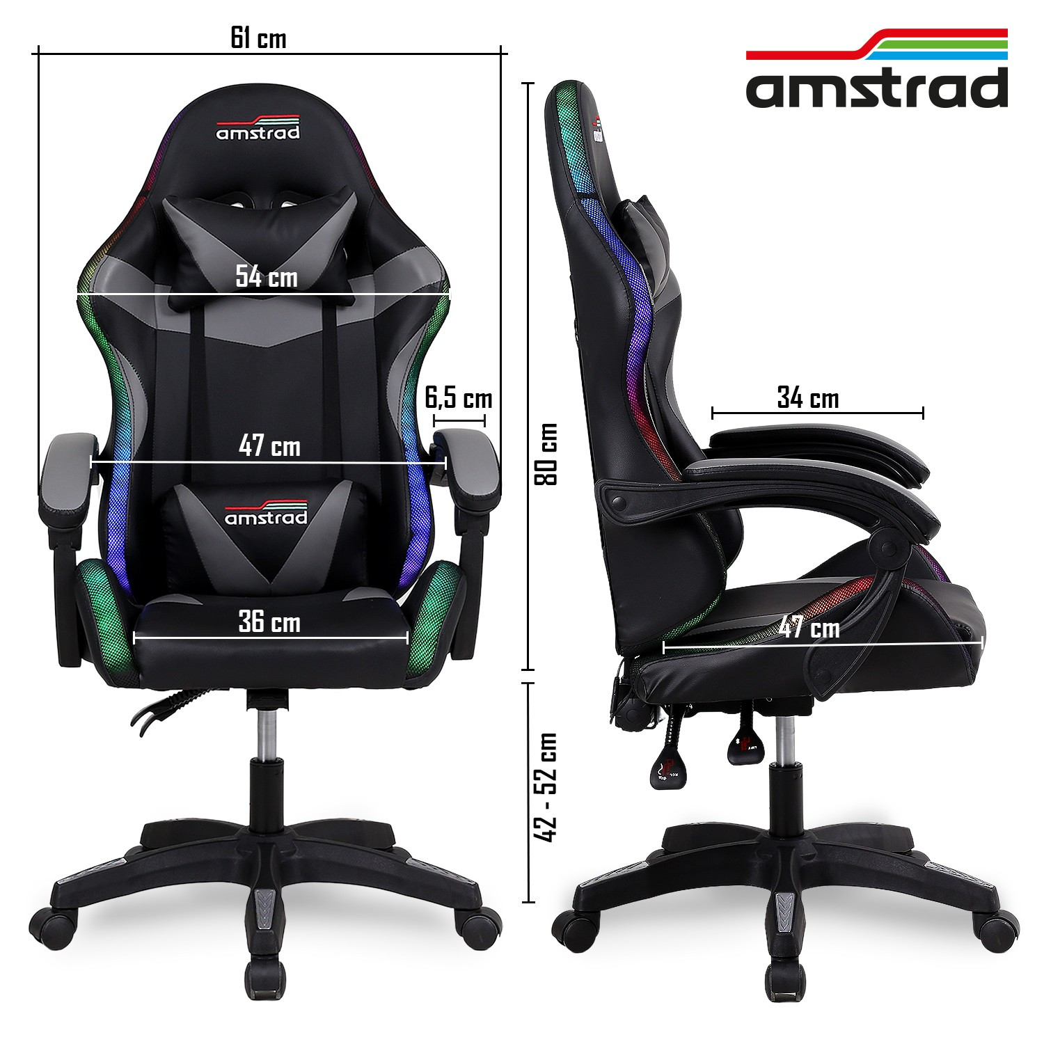 AMSTRAD AMS-900-LED-BK Chaise Gamer LED 366 Modes Coussin Lombaire Appui-tête Noir — image 5